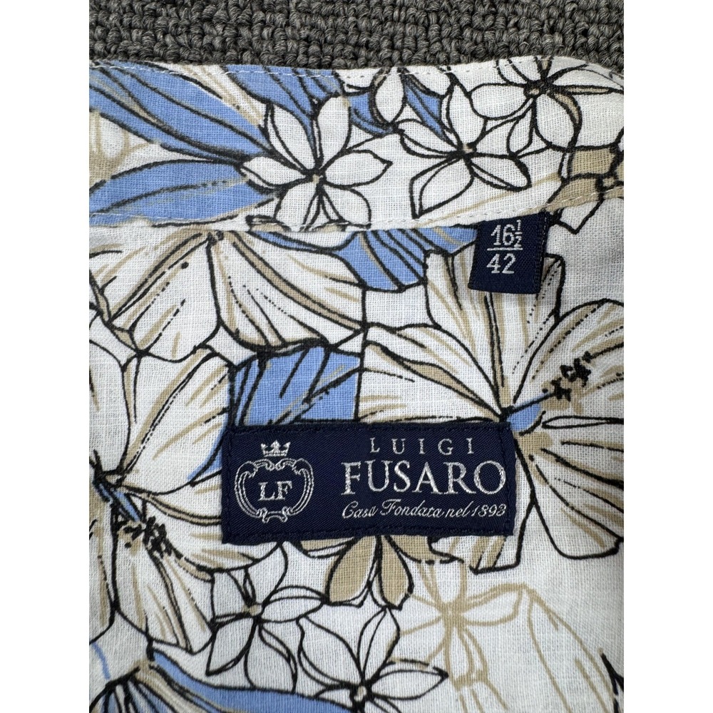 Luigi Fusaro Shirt Mens Large Blue Tan Floral Long Sleeve Linen Cotton Button Up - Picture 2 of 9